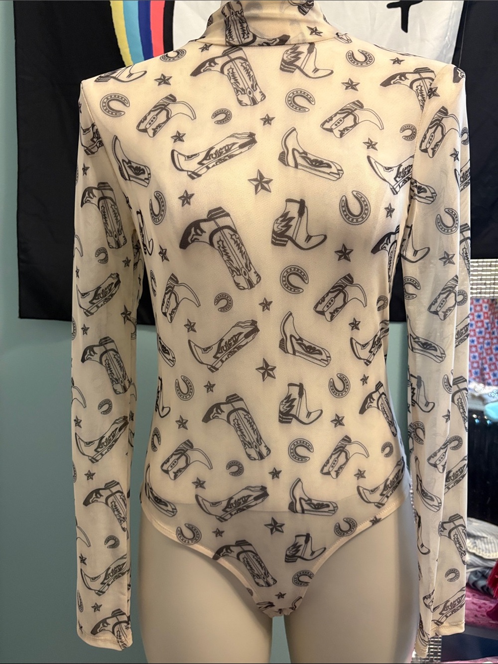 Sheer Beige Long-Sleeve Western Print Bodysuit